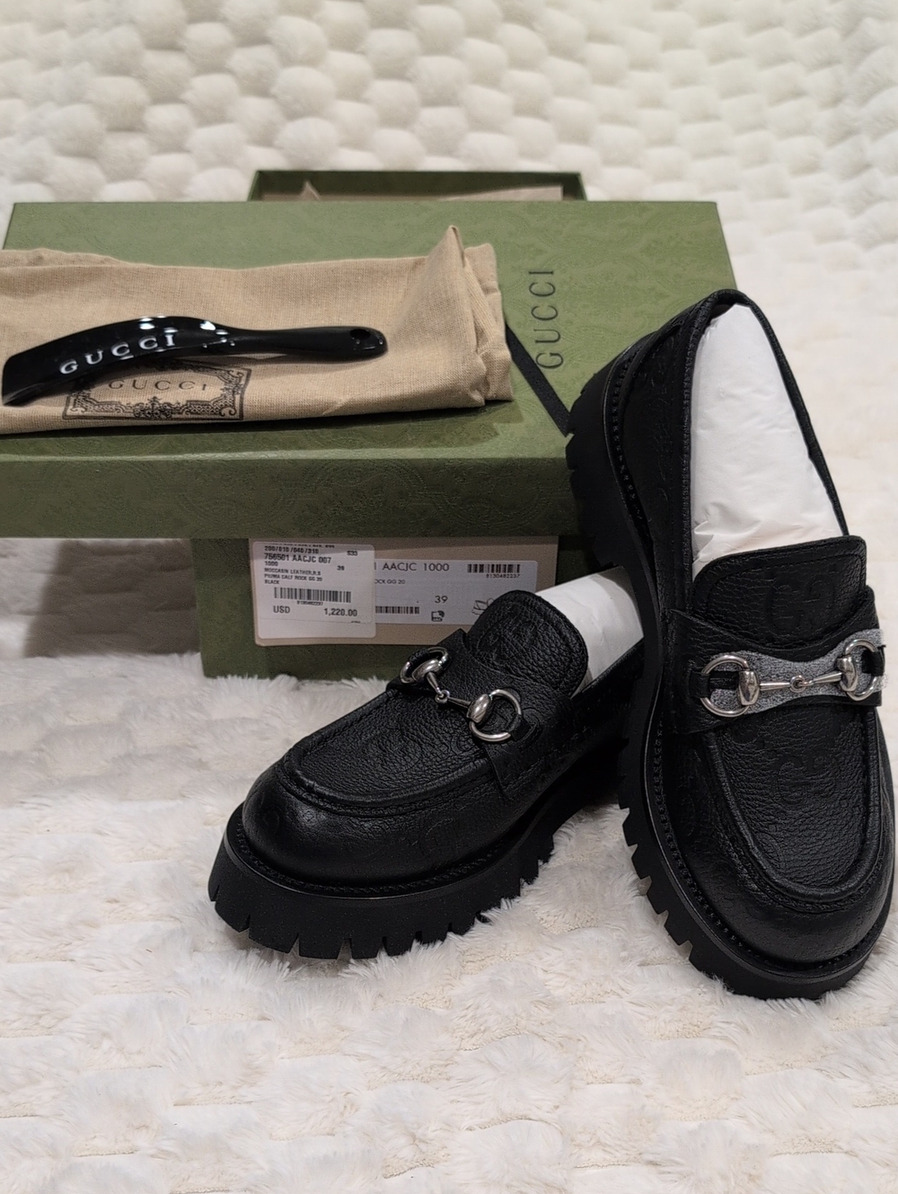 Gucci Black Leather Horsebit Lug Loafers Women's 39